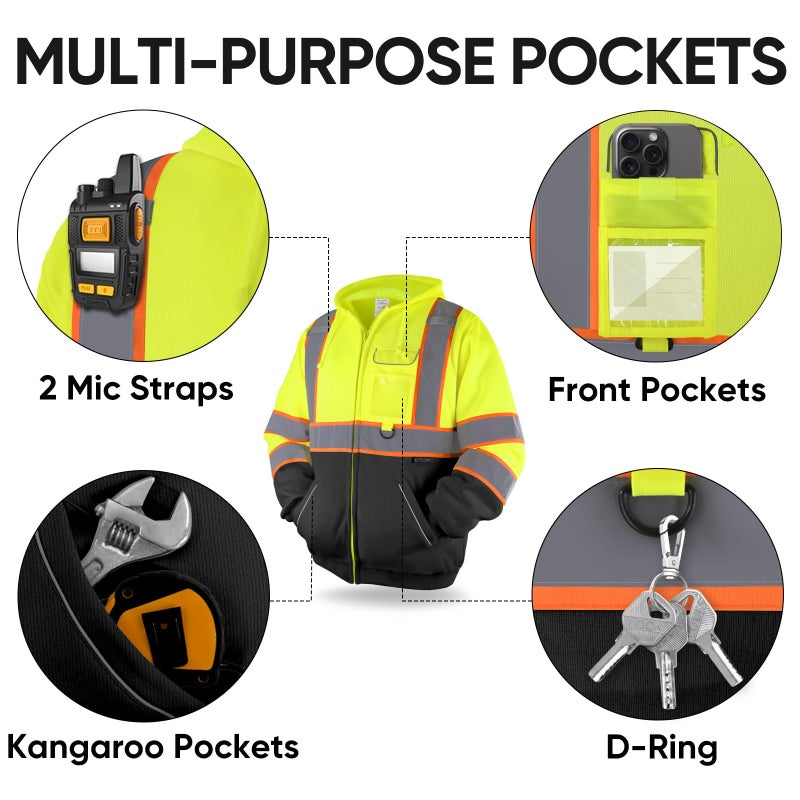 TICONN High Visibility Safety Sweatshirt Hoodie  Reflective Hi-Vis ANSI Class 3 Fleece Zippered Hooded Jacket with Black Bottom for men and women (Yellow&Black  3XL) - Image 5